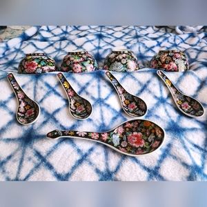Jingdezhen 9 Peices Millefleur Famille Noire 4 Bowls, 4 Spoons & 1 Serving Spoon